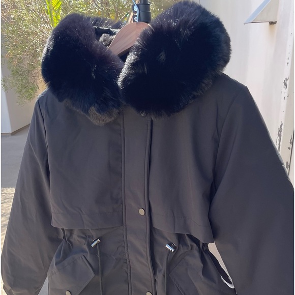 Black Faux Fur Warm Parka Wind Breaker Hood Fleece Lined Raincoat Coat Jacket - Picture 9 of 14
